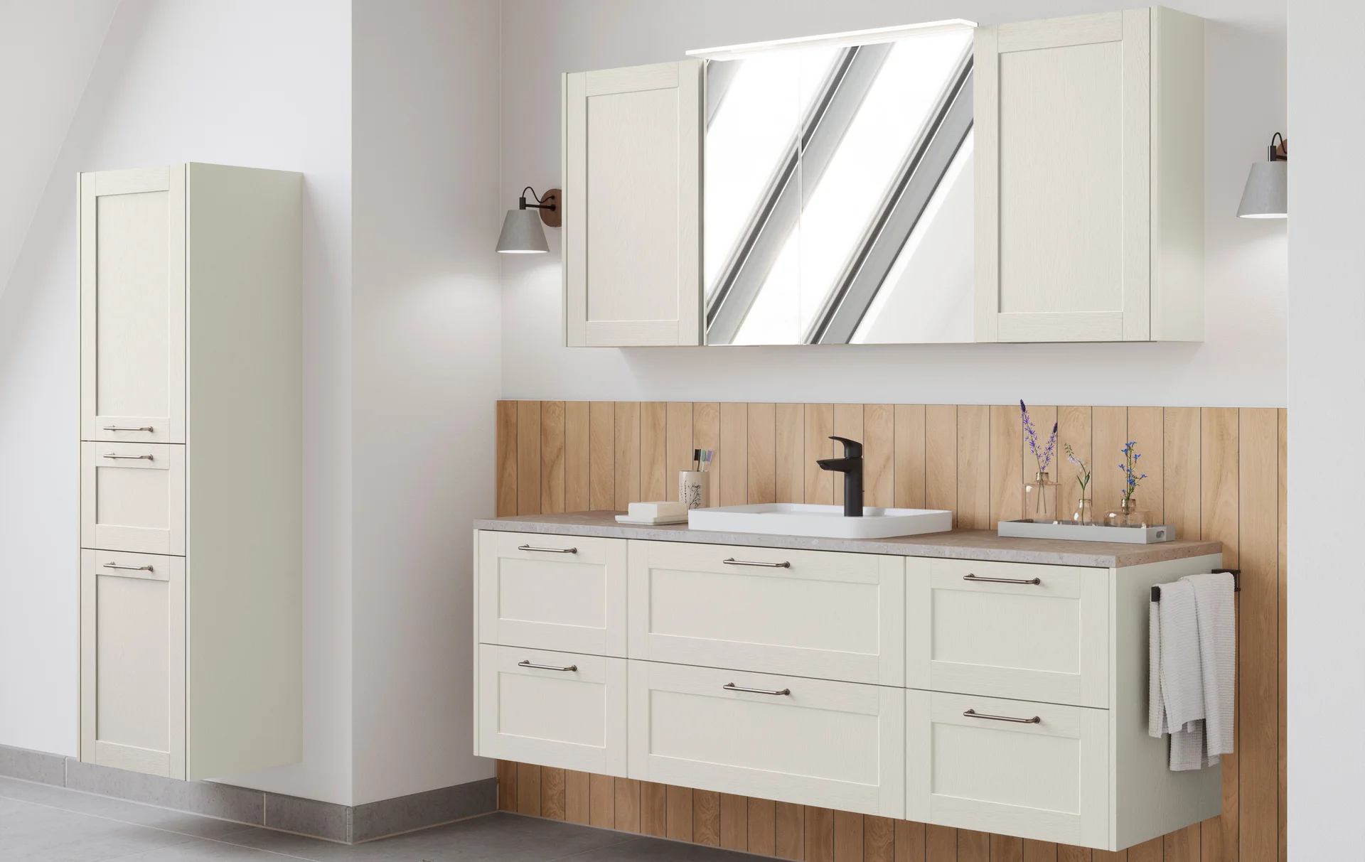 Bathroom with FRAME 619 in Macchiato lacquered laminate - harmonious country house design with plenty of storage space.