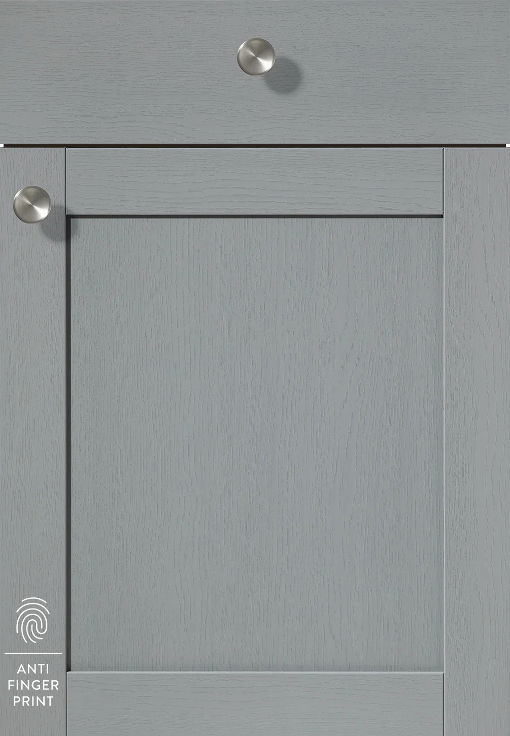 Country house kitchen in stone blue with matt wood structure and anti-fingerprint surface - stylish and easy to clean.