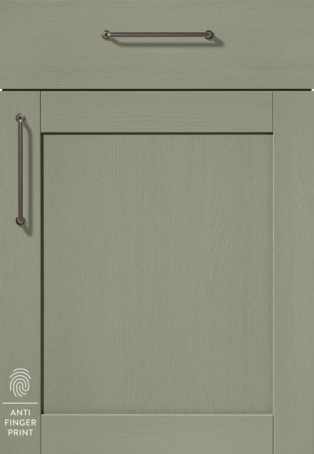 FRAME 617 kitchen front in olive with wood texture and anti-fingerprint surface - stylish and easy to clean.
